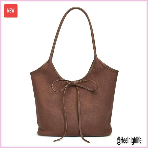 Handbags - Large Suede Hobo Shoulder Bag with Bow Detail - Holds iPad Essentials